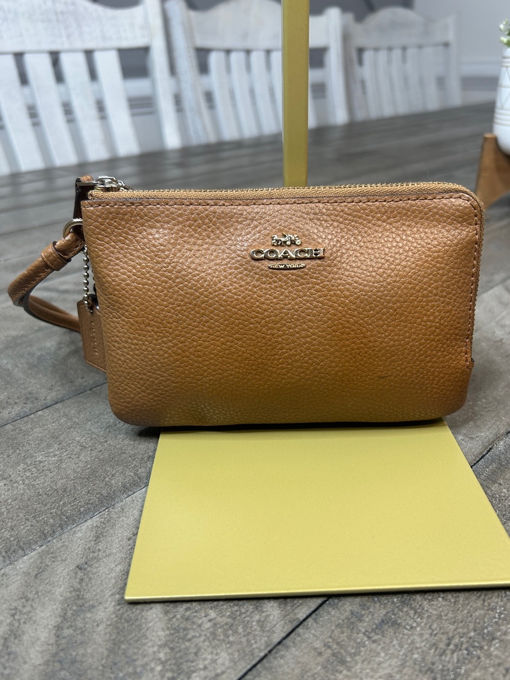 Coach Double Zip Wristlet Pebble Leather Wallet Saddle Brown Gold Hardware